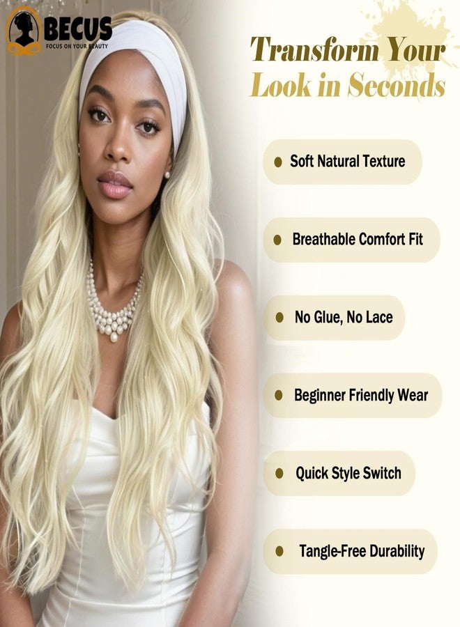 BECUS Platinum Blonde Headband Wig for Black Women Body Wavy No Glue Wear Natural Hairline Synthetic Wig for Halloween Cosplay Party 22 Inch - Image 2
